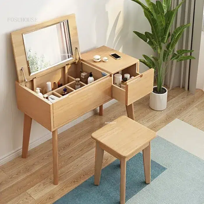 Nordic Flip Dressing Table with Mirror Modern Creative Dressers simple Bedroom Furniture Solid Wood Multi cell 1