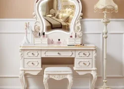 Nordic White Vintage Dressing Table with Mounted Mirror and Stool Set 4