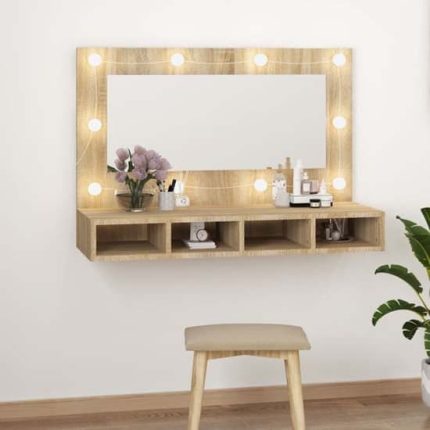 Sophisticated LED Oak Wooden Wall Dressing Table